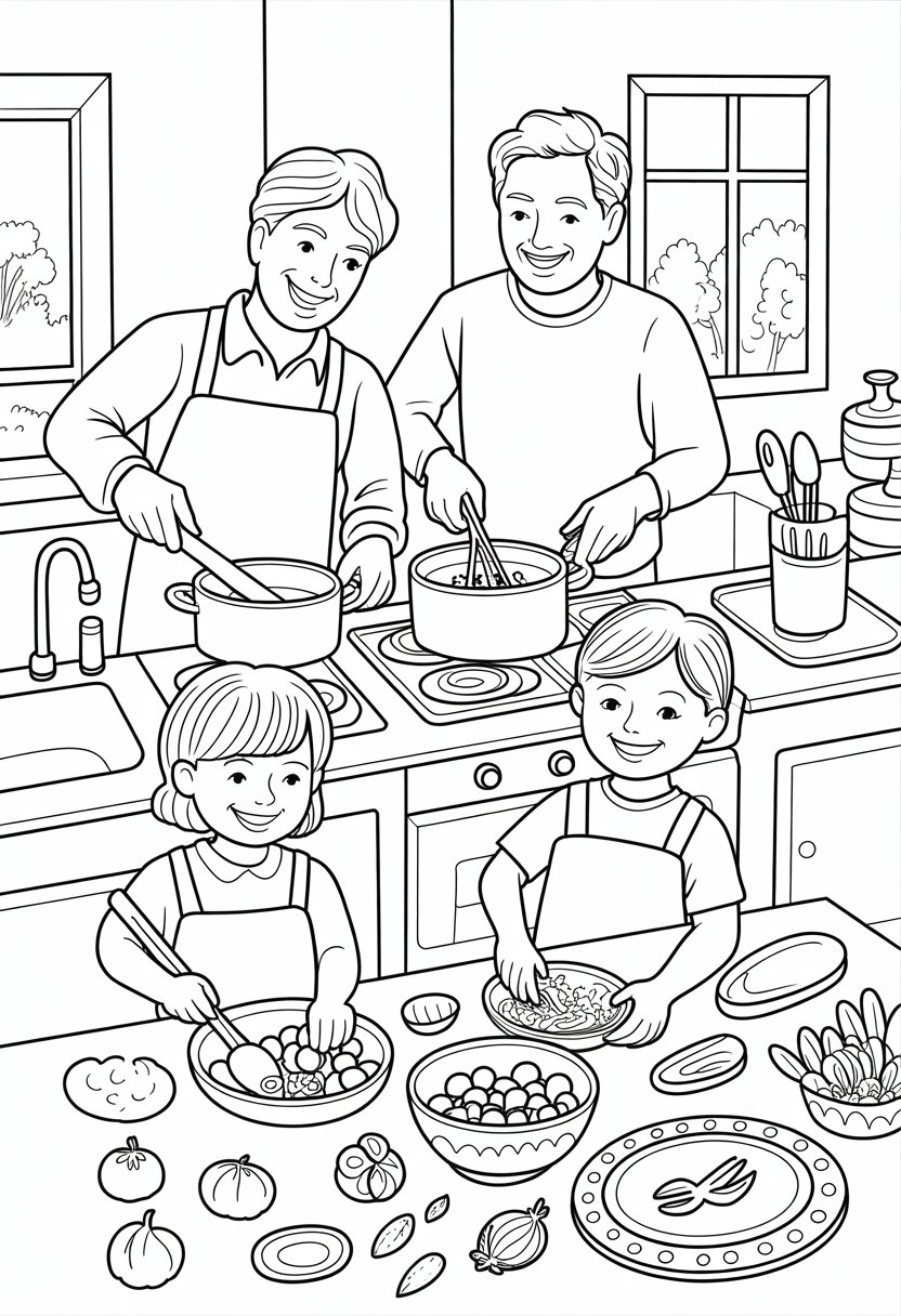 I Love My Family Coloring Pages List of 13 Fun and Educational Designs 26 A family of four cooking together in a kitchen, with two adults and two children preparing food and setting the table.